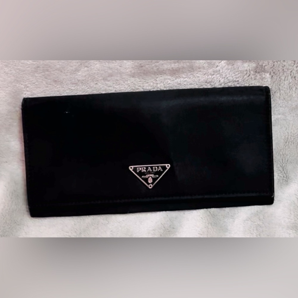 Prada Unisex Black Tessuto Nylon Continental Long Wallet Logo Accents